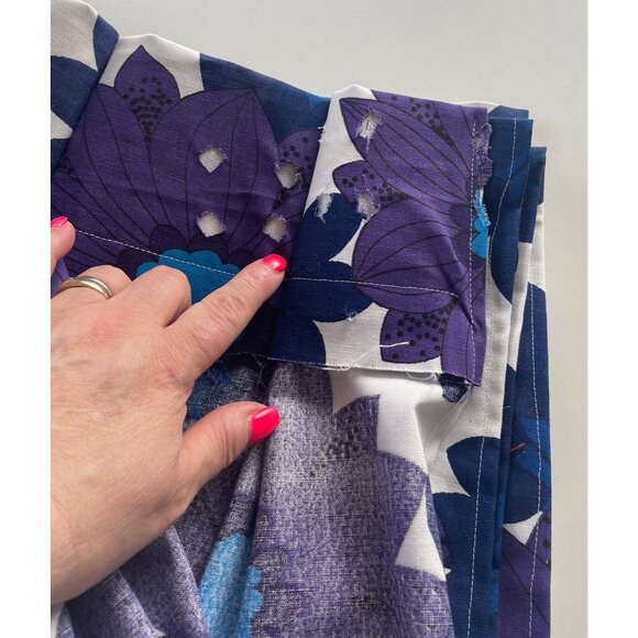 Vintage 70s pleated curtains, floral purple blue flower power, pair of panels - Picture 8 of 10